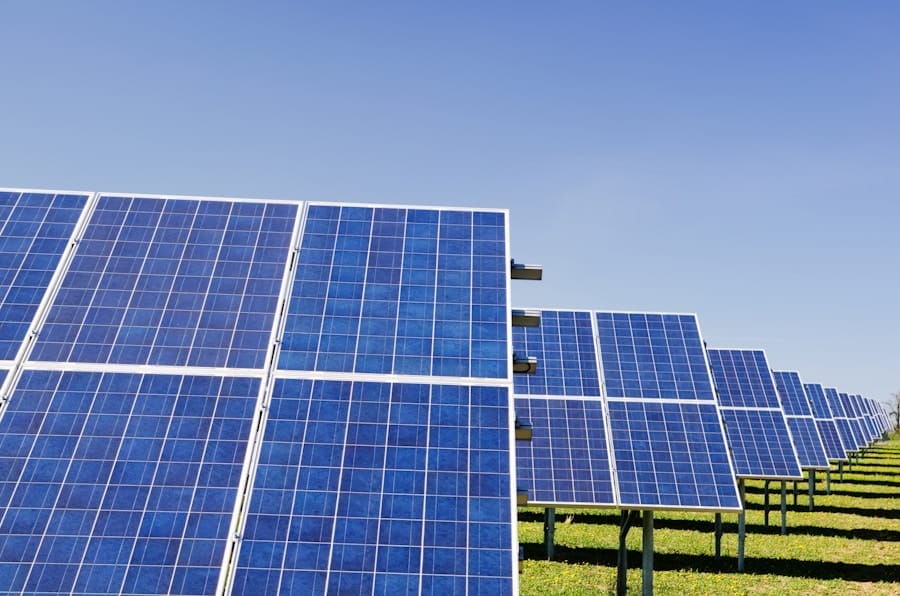 Rows of blue solar panels are arranged in a field under a clear blue sky, capturing sunlight to generate renewable energy. The ground beneath the panels is covered with green grass.