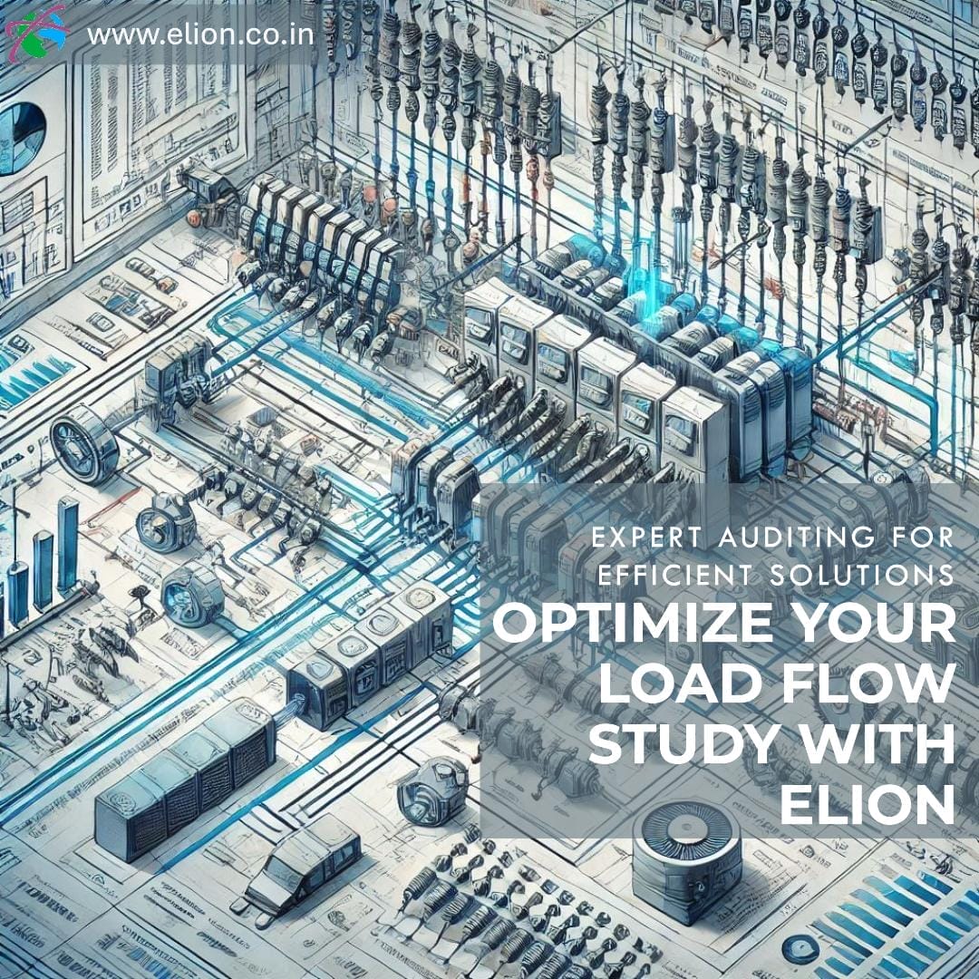 A detailed, futuristic illustration of an electrical grid system with circuits and components, overlaid with text promoting expert Electrical Analysis and load flow study optimization services by Elion (www.elion.co.in).