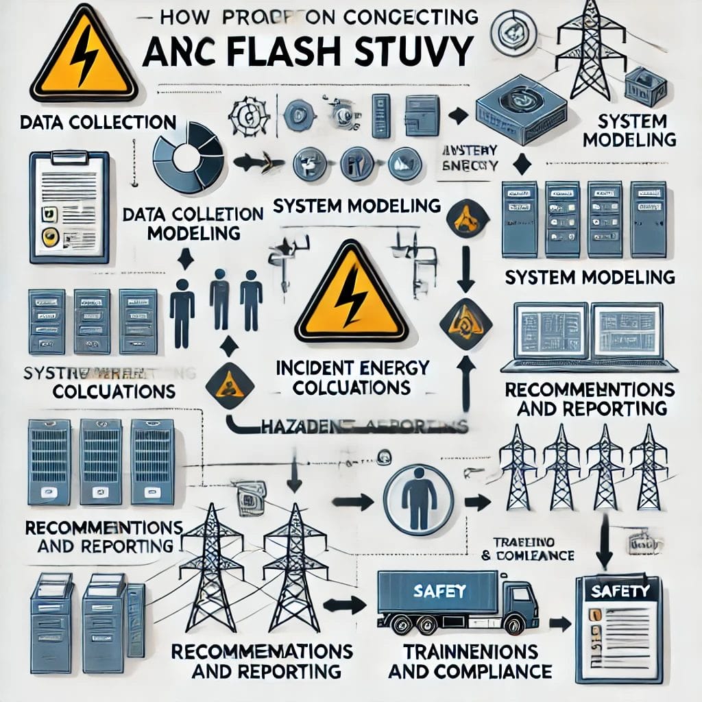 A flowchart titled How Proof on Conducting Arc Flash Study outlines steps such as data collection, system modeling, incident energy calculations, recommendations and reporting, training, compliance, and safety—with related Arc Flash icons.
