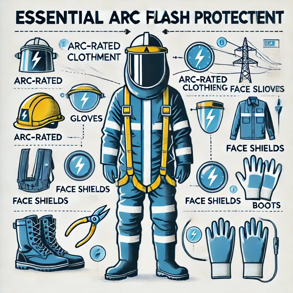 Illustration of a person in full arc flash protective gear, with labelled items like arc-rated clothing, gloves, and face shields—perfect for highlighting key protection identified during an Arc Flash Study. Icons emphasize essential gear and safety practices.