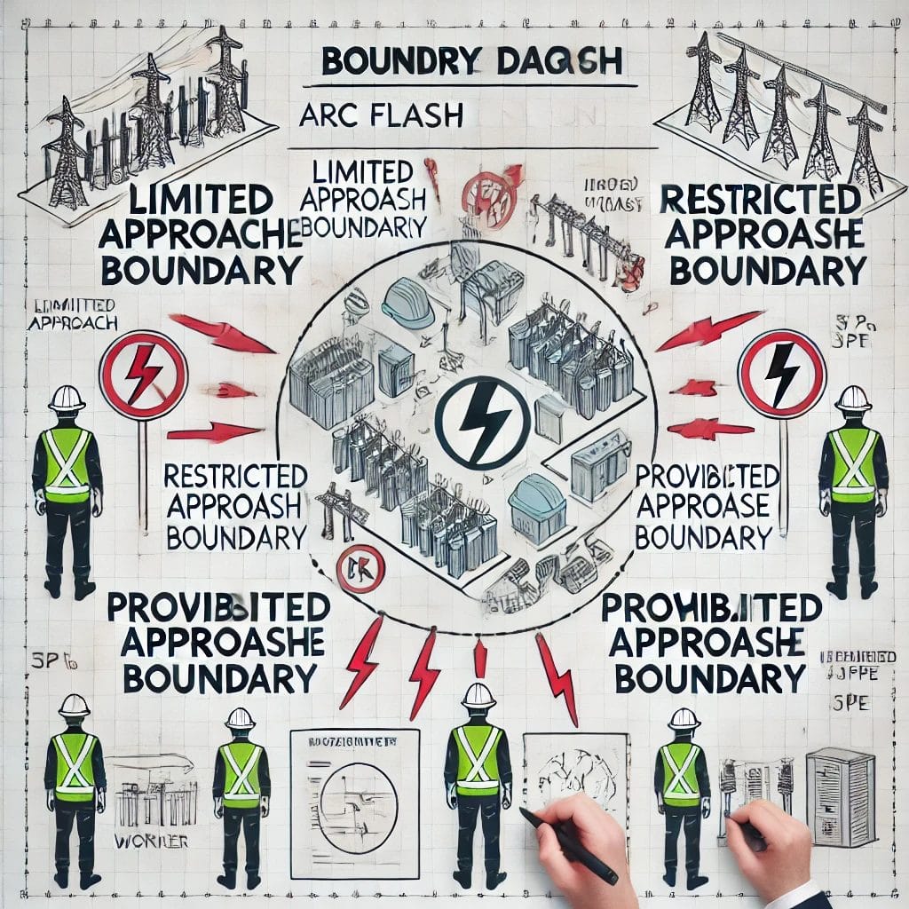 Hand-drawn safety diagram shows workers in vests near electrical equipment, illustrating “limited” and “restricted” Arc Flash approach boundaries, with symbols, power lines, and warning signs around a central power grid. Perfect for Arc Flash Study visuals.