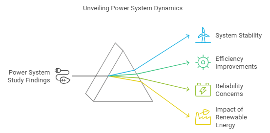 A diagram shows power system study findings entering a pyramid, branching into four lines pointing to icons and labels: System Stability, Efficiency Improvements, Reliability Concerns, and Impact of Renewable Energy.