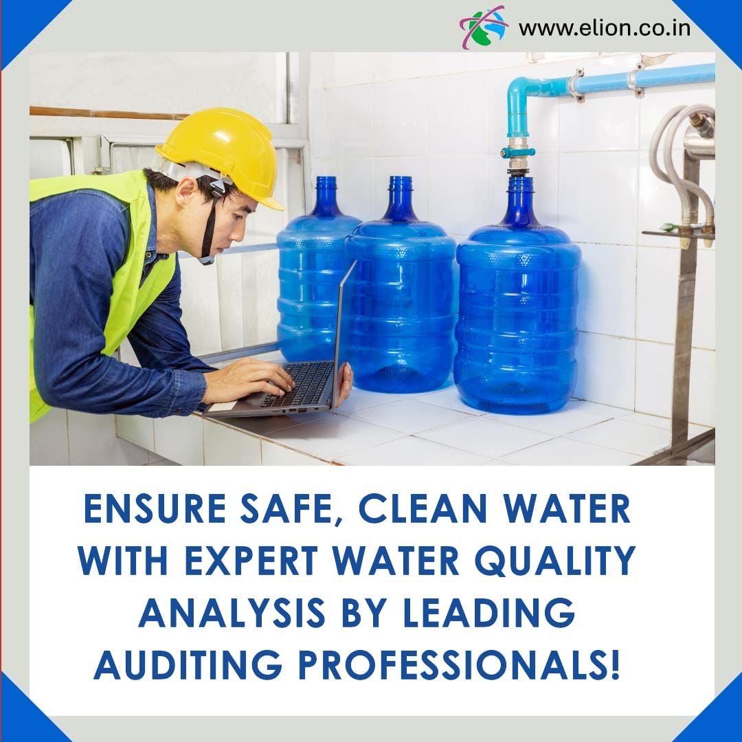 A worker in a yellow helmet and safety vest uses a laptop to inspect large blue water containers in a clean, tiled room. Text highlights expert water quality analysis and safety audit services by auditing professionals.
