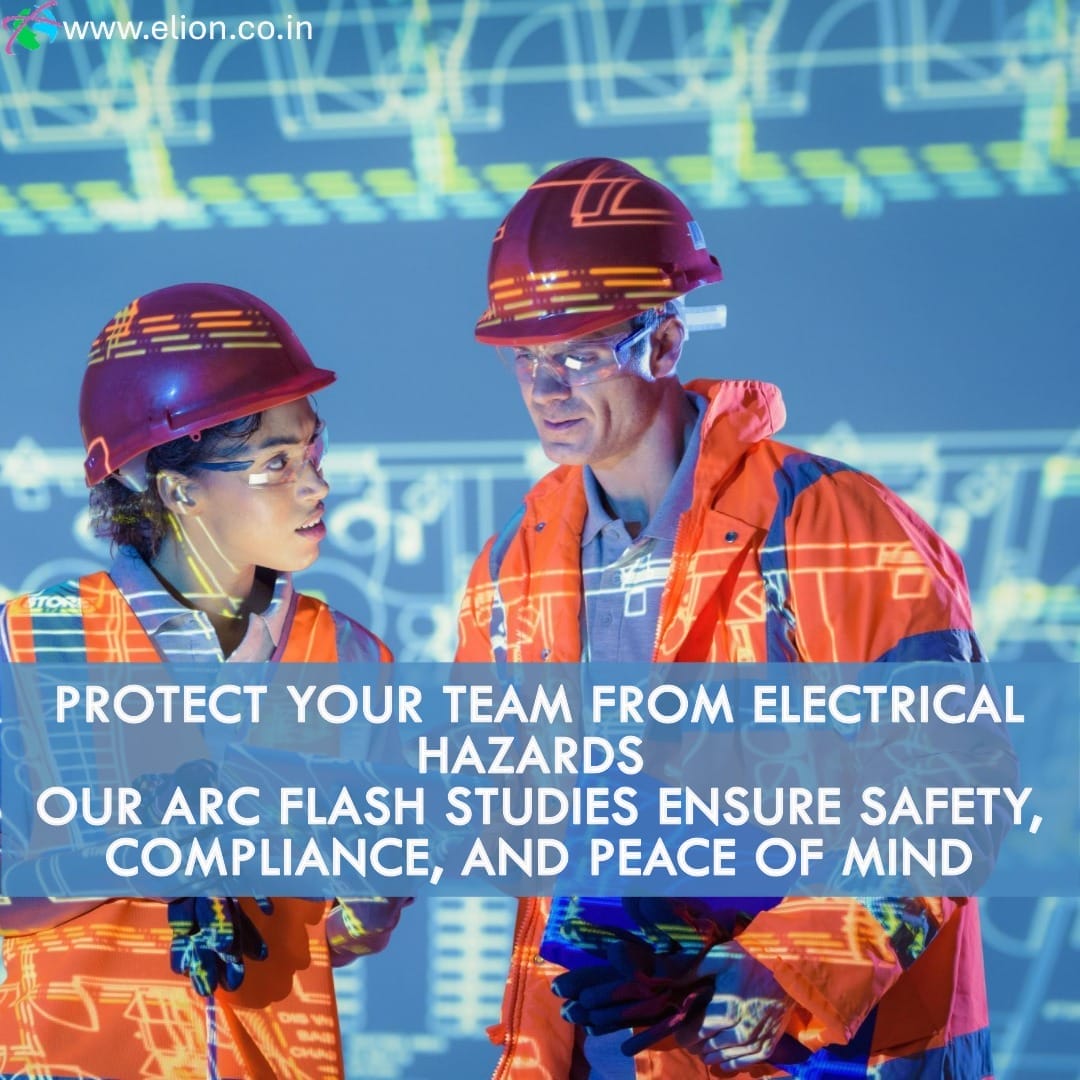 Two engineers in hard hats and safety glasses discuss in front of a blueprint background. Text overlay promotes arc flash risk assessment and electrical safety, ensuring compliance and peace of mind.