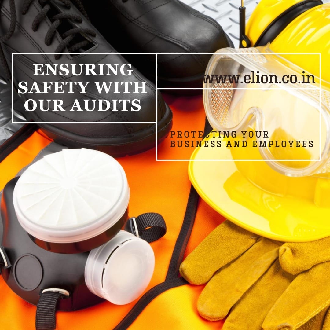 A collection of safety gear, including gloves, a hard hat, boots, and more, highlights the importance of workplace safety and regular safety audits to protect businesses and employees. Learn more at www.elion.co.in.