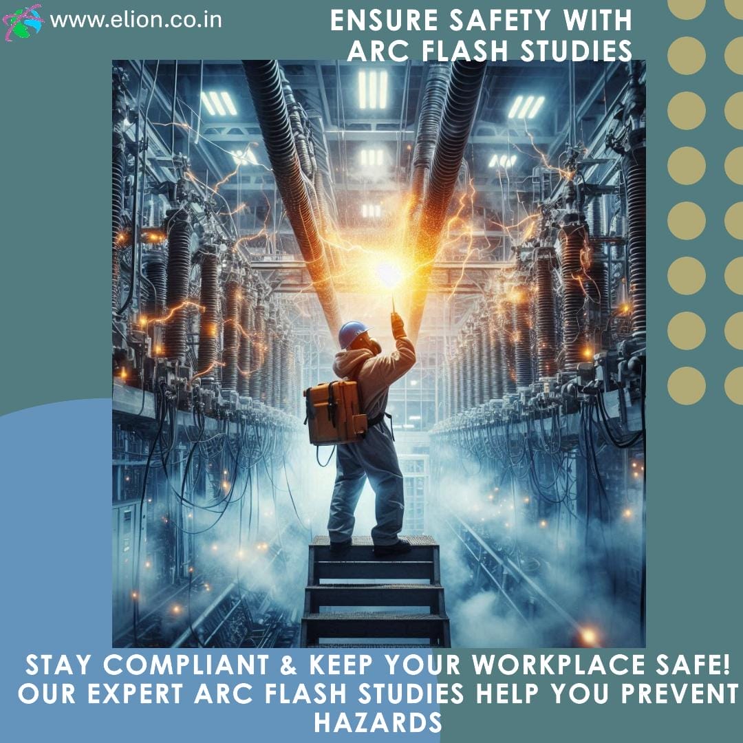 A worker in safety gear inspects electrical equipment in a high-tech facility. Text on image promotes workplace safety and compliance through expert arc flash study and hazard assessment to prevent electrical hazards.