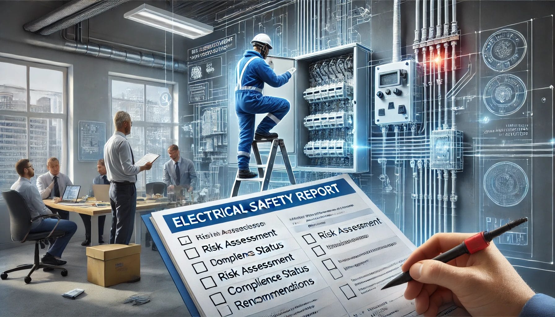 An electrician on a ladder inspects a control panel as people discuss safety in an office. In the foreground, someone holds an “Electrical Safety Report” checklist, emphasizing an electrical safety inspection with digital diagrams highlighting assessment.