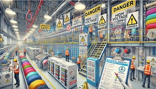 A busy factory with workers in safety vests and helmets, surrounded by machines, colorful cables, and warning signs for high voltage. One person reads a safety checklist as part of an electrical safety audit.