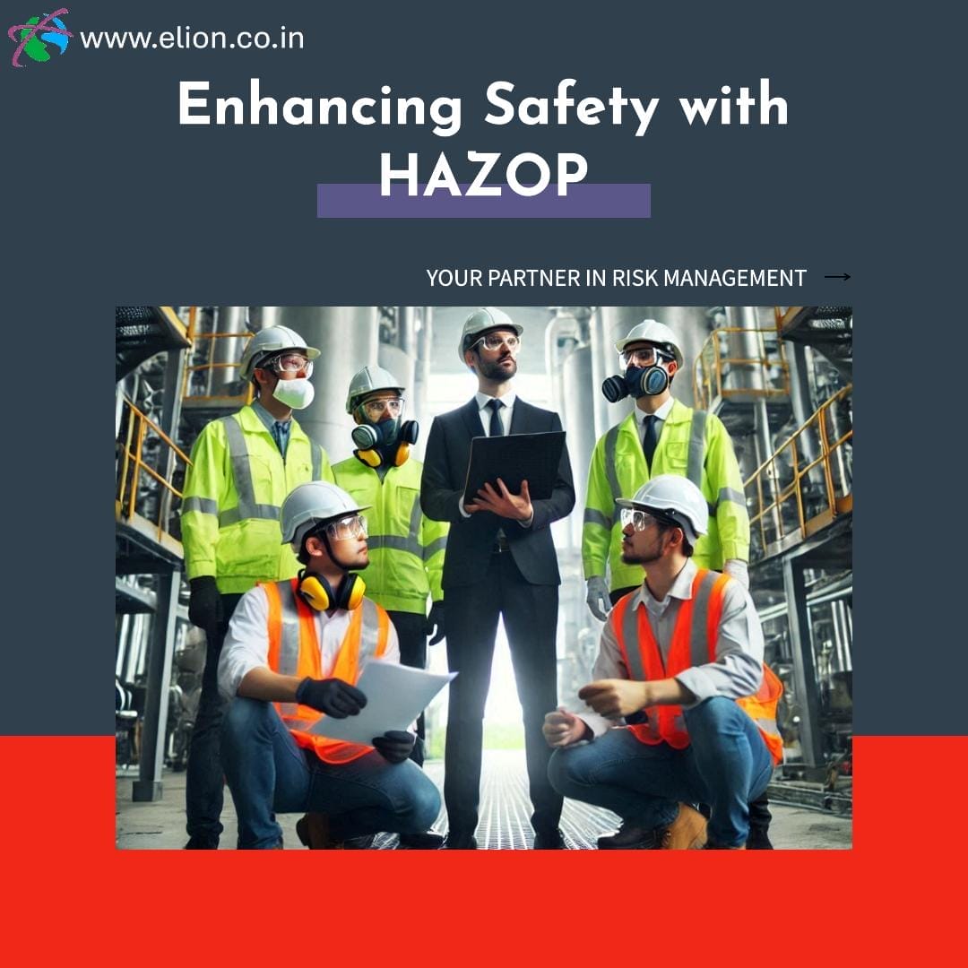 A group of workers in safety gear and suits stand together with a manager holding a clipboard in an industrial setting. Text reads Enhancing Safety with HAZOP, Hazard Audit, and Your Partner in Risk Management.