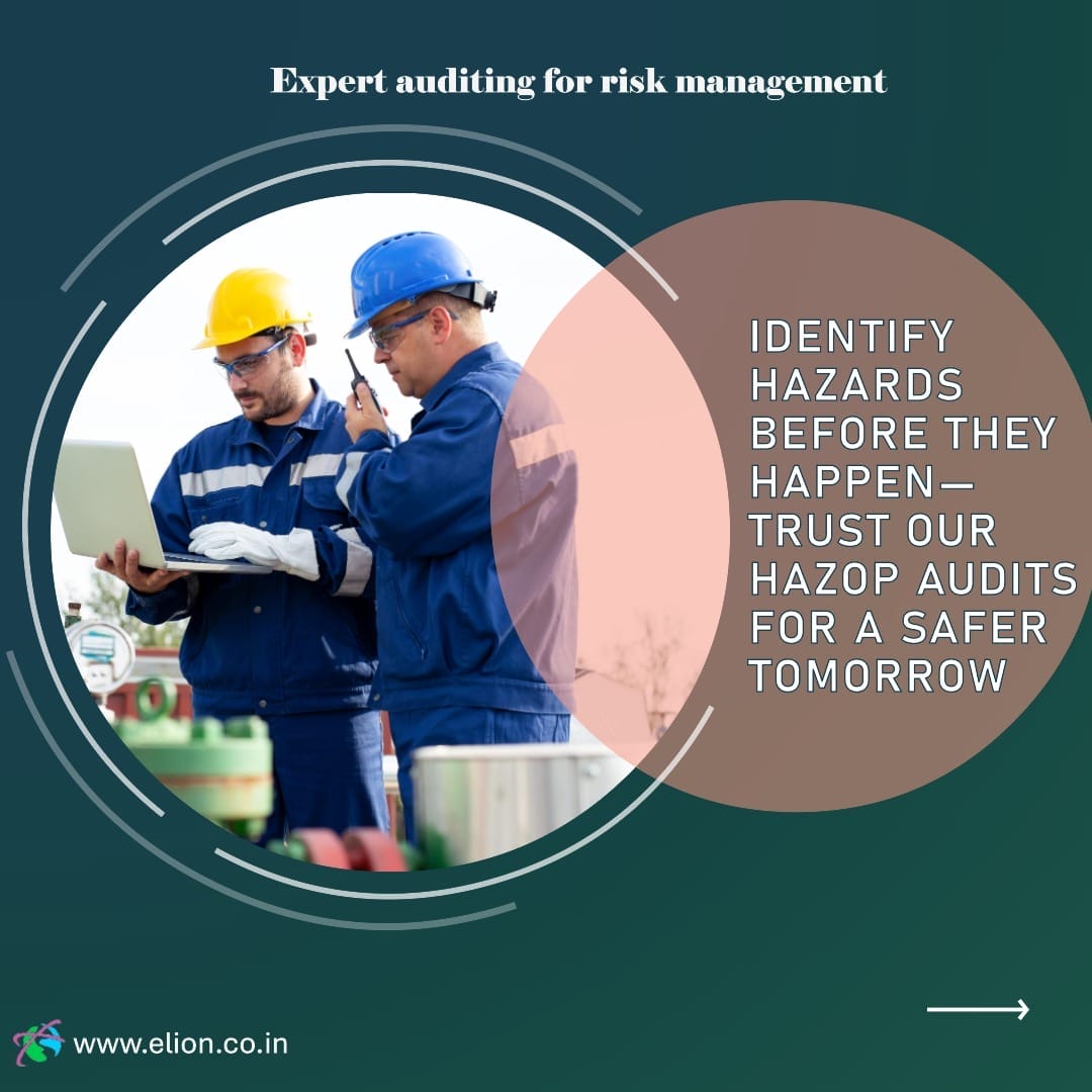 Two workers in safety gear inspect equipment with a laptop outdoors. Text overlay promotes HAZOP risk assessment for proactive risk management, encouraging identification of hazards before they happen. Website link is shown at the bottom.