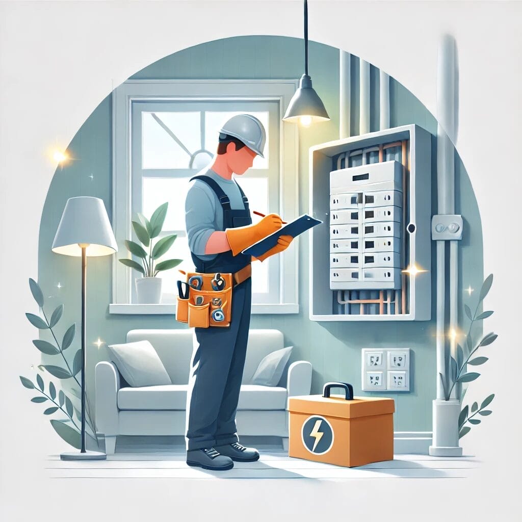 An electrician in uniform and hard hat checks a clipboard while performing an electrical safety inspection of a fuse box in a modern, well-lit living room. Tools fill his belt, with a toolbox nearby. Plants and a lamp add comfort to the safe, stylish space.