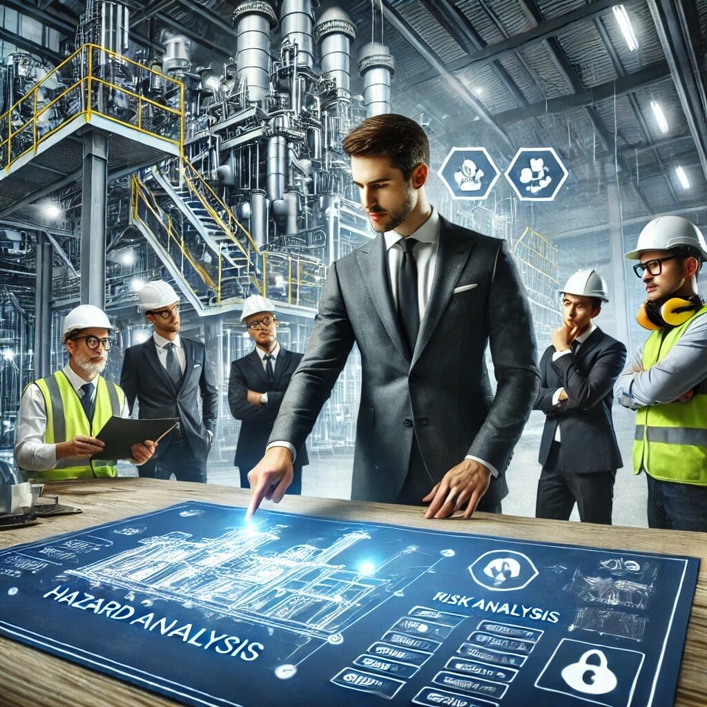 A man in a suit interacts with a large digital HAZOP analysis display in a modern industrial plant, while engineers and workers in safety gear observe, surrounded by machinery and hazard icons in the background.