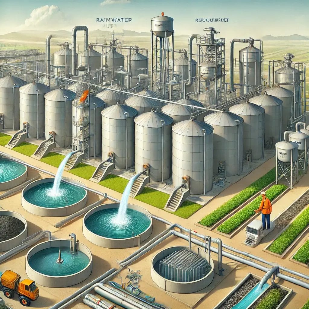 An industrial water processing facility with large metal tanks, round pools, pipes, and a worker in an orange vest near green crops, illustrating rain water harvesting and resource recovery processes.