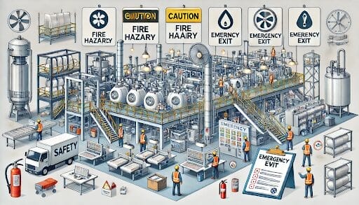 Illustration of a busy industrial factory with workers in safety gear, emergency exit signs, fire hazard warnings, safety equipment, and a large emergency exit checklist in the foreground highlighting workplace safety and compliance.