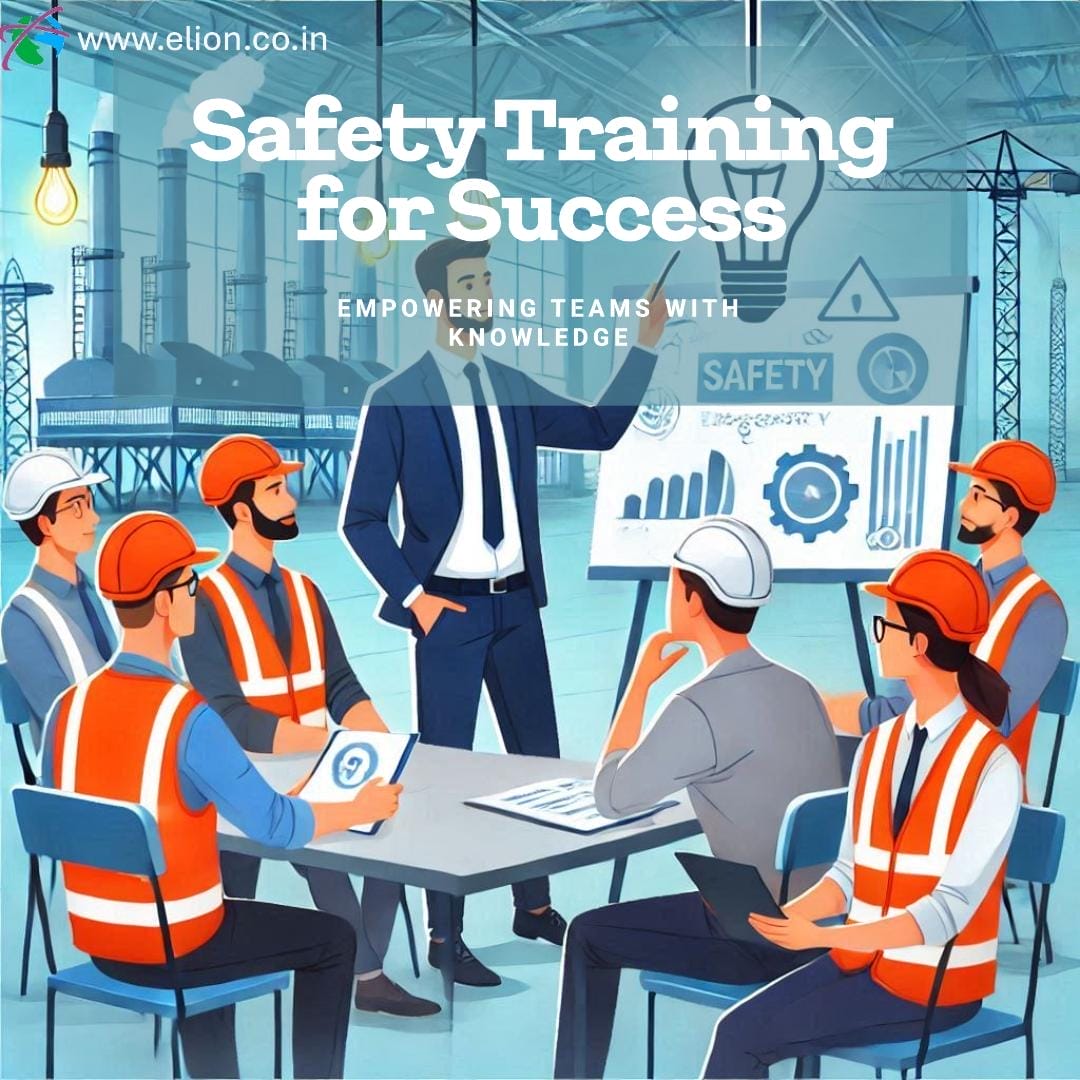 Illustration of a business professional giving safety training and discussing a safety audit with workers in hard hats and vests, surrounded by charts and safety signs in an industrial setting. Text reads: Safety Training for Success.