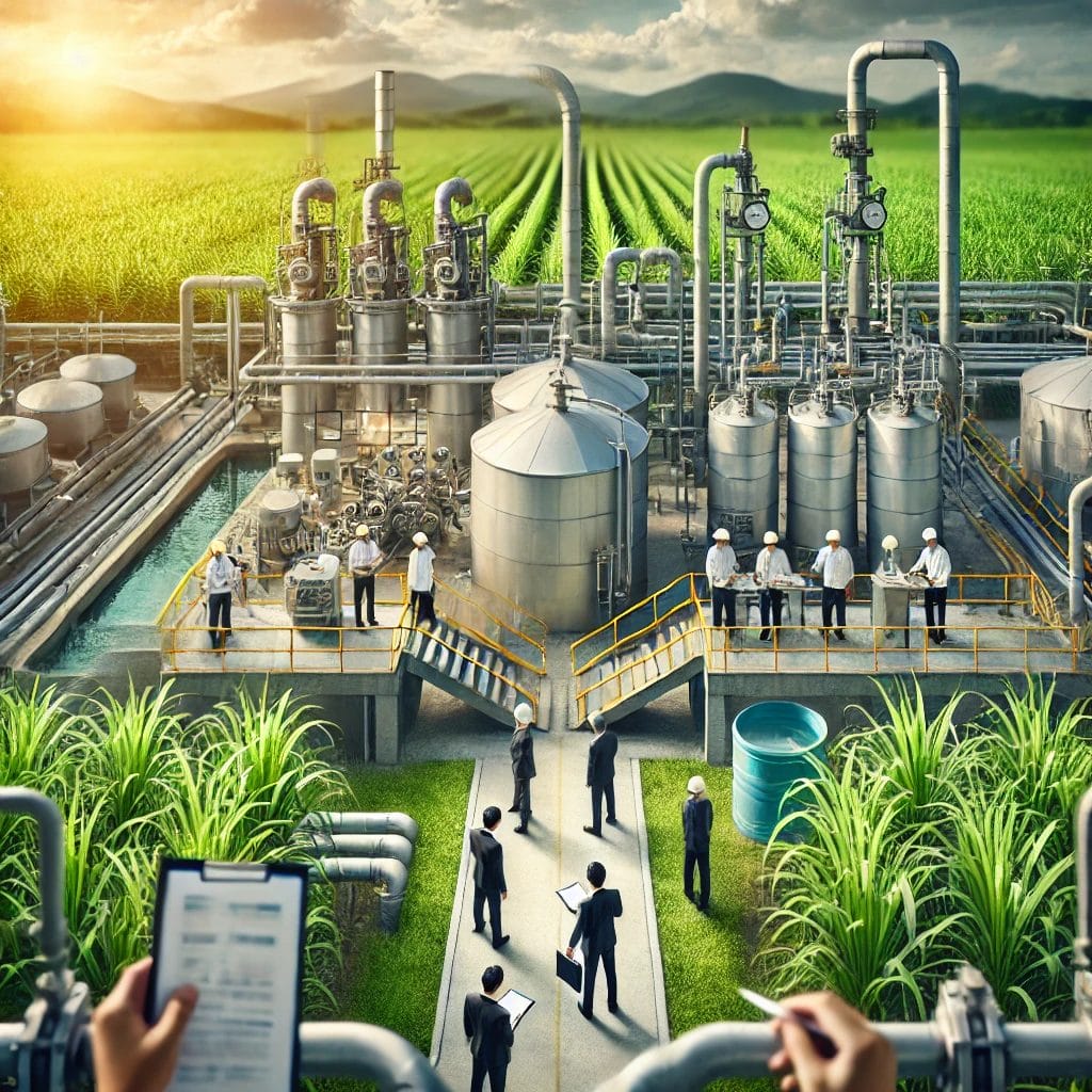Engineers and workers conduct a water efficiency audit at a modern biofuel factory surrounded by lush green sugarcane fields under a bright sky, with pipes, tanks, and industrial equipment visible throughout the facility.