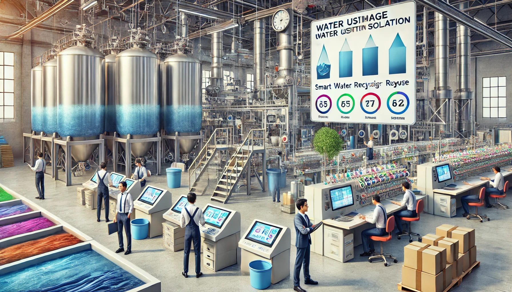 A modern textile factory where workers use digital tablets, large water tanks, and displays showing water usage stats from a recent water usage audit. Fabrics, dye vats, and packing boxes are visible in the organized workspace.