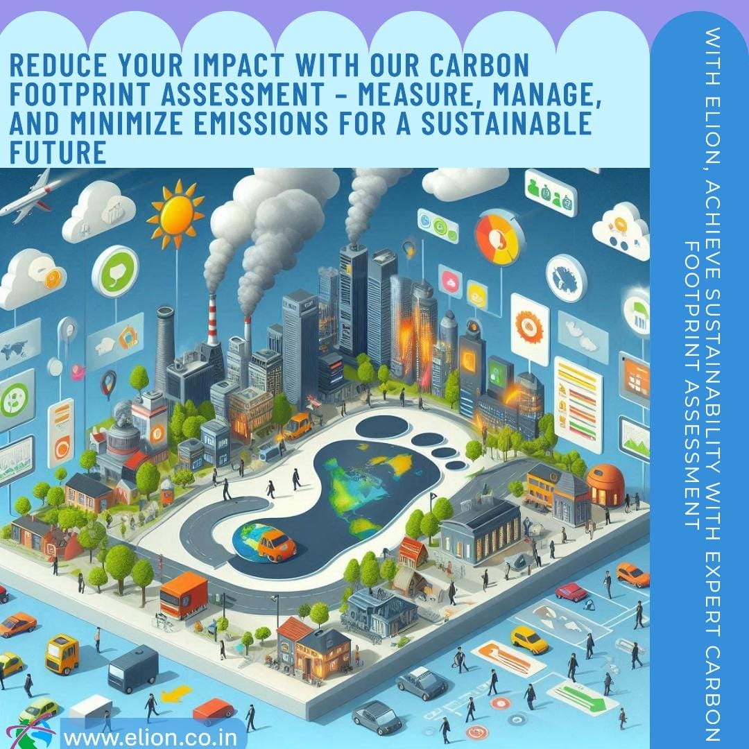 Illustration showing a city with factories emitting smoke and people measuring and managing carbon footprint using Carbon Accounting, alongside trees and clean energy symbols, highlighting assessment for a sustainable future.