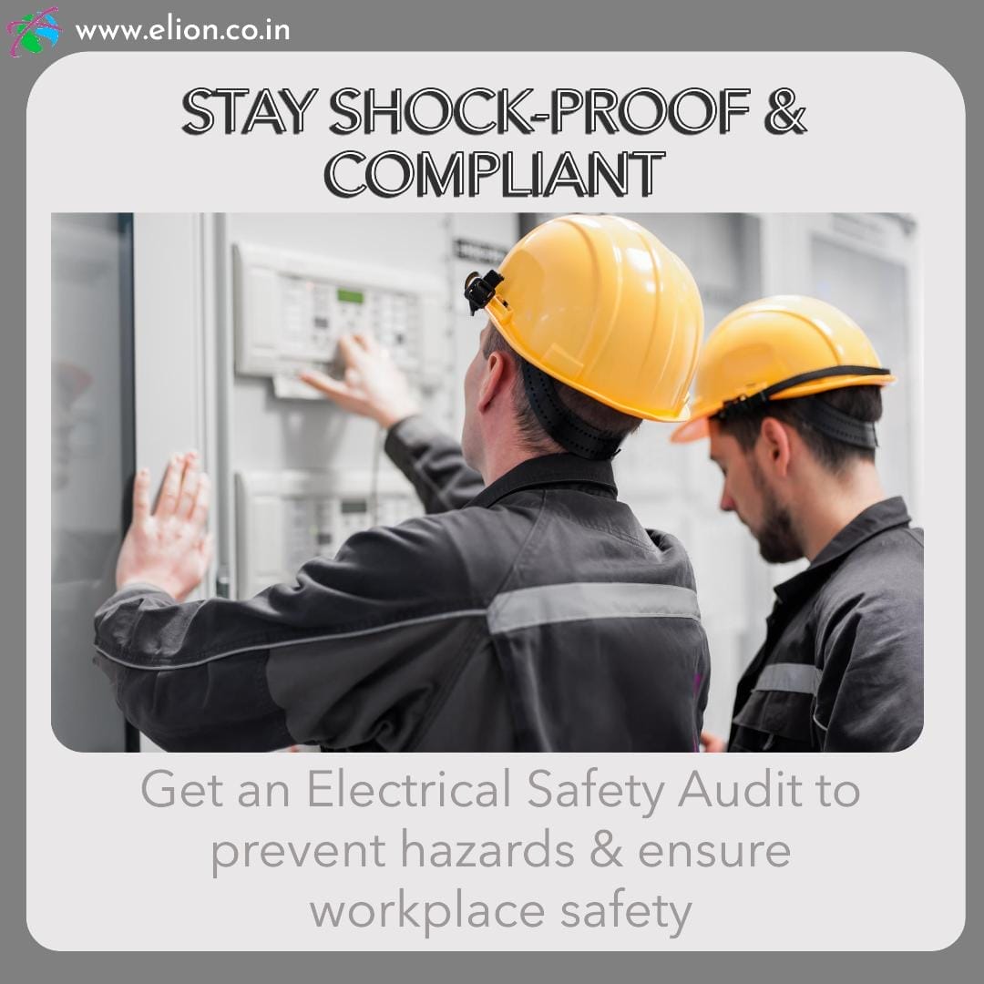Two workers wearing yellow helmets inspect control panels, highlighting the importance of an electrical safety audit to prevent hazards and ensure workplace safety. Stay Shock-Proof & Compliant.