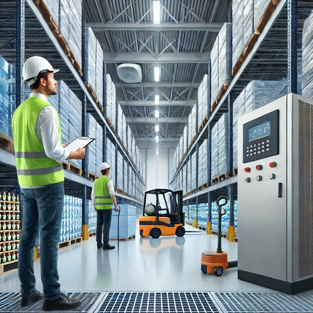 Two workers in safety vests and helmets perform a Quality Control Audit with tablets in a modern warehouse filled with stacked pallets and shelves, while a forklift and control panel are visible in the foreground.