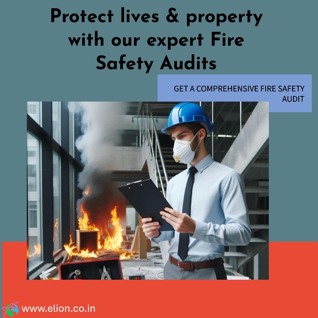 A man wearing a mask and holding a clipboard inspects a fire-damaged office with burned equipment. Text promotes expert fire risk assessment services and includes a website link and contact for a comprehensive audit.