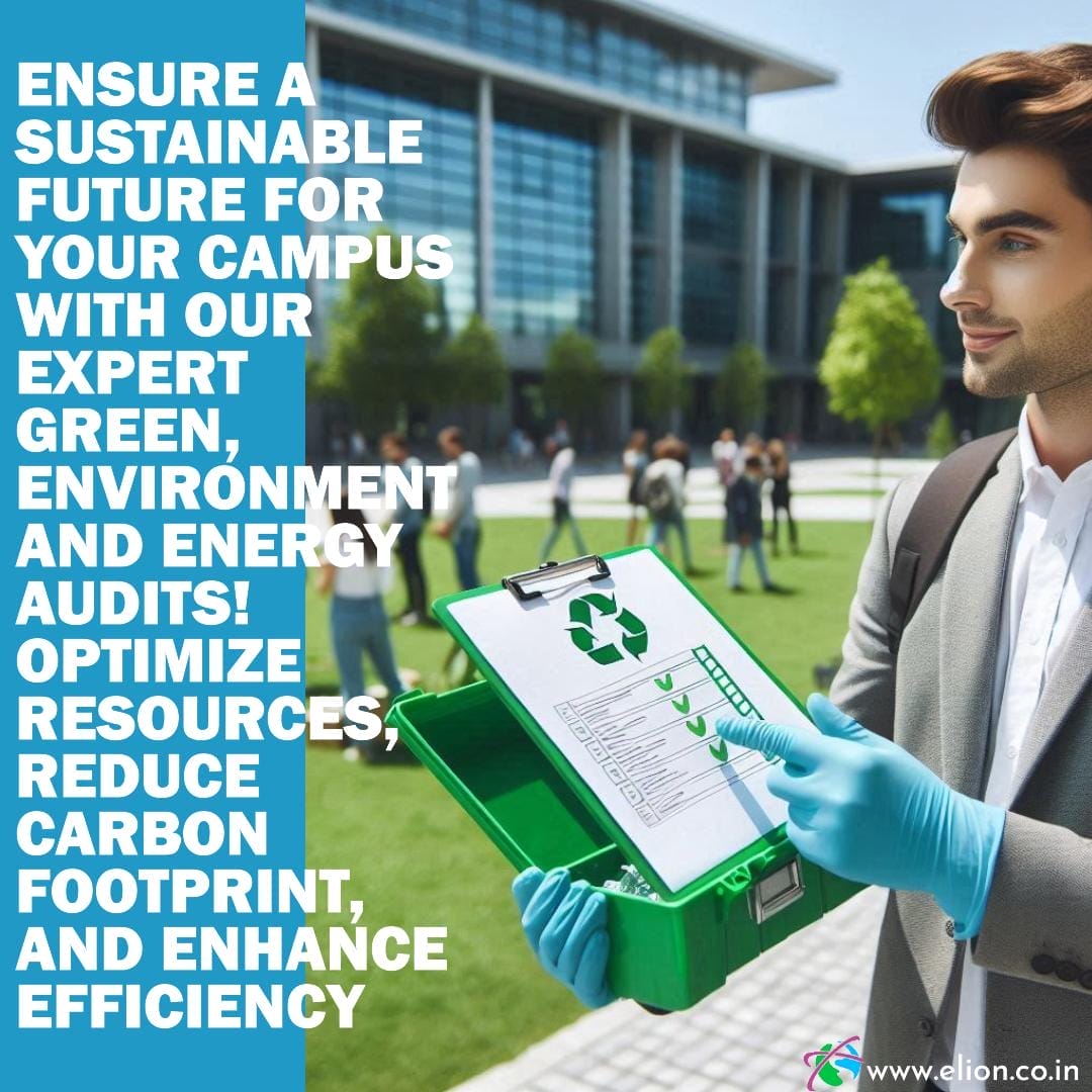 A young professional in gloves holds a clipboard with a recycling symbol, standing outside a modern campus building. Text promotes sustainable campus audits for green, energy, and environmental efficiency.