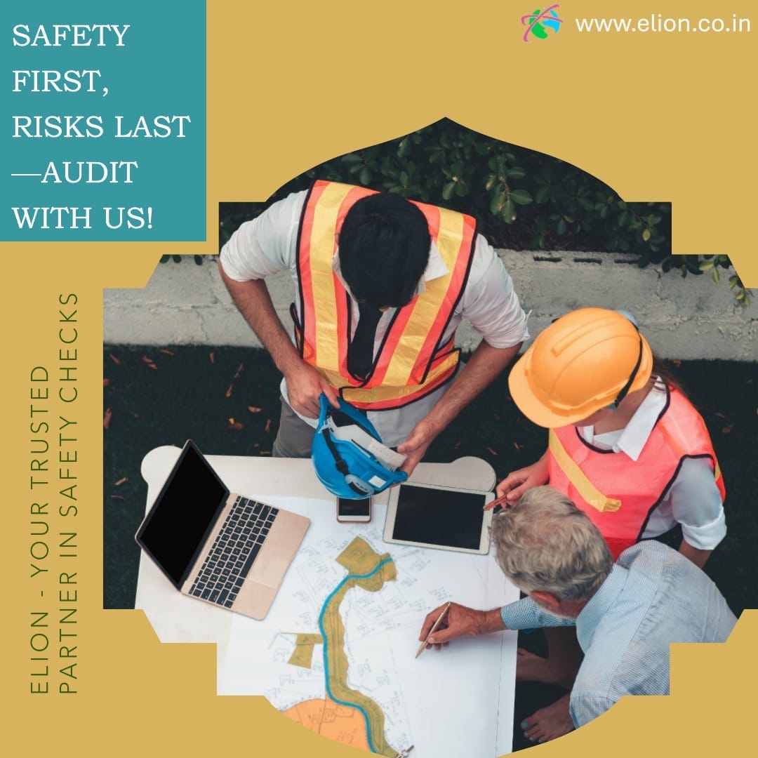 Three people, two in safety vests and helmets, review maps and documents at a table with a laptop. Elion ensures workplace safety—Safety first, risks last—book your safety audit with us!.