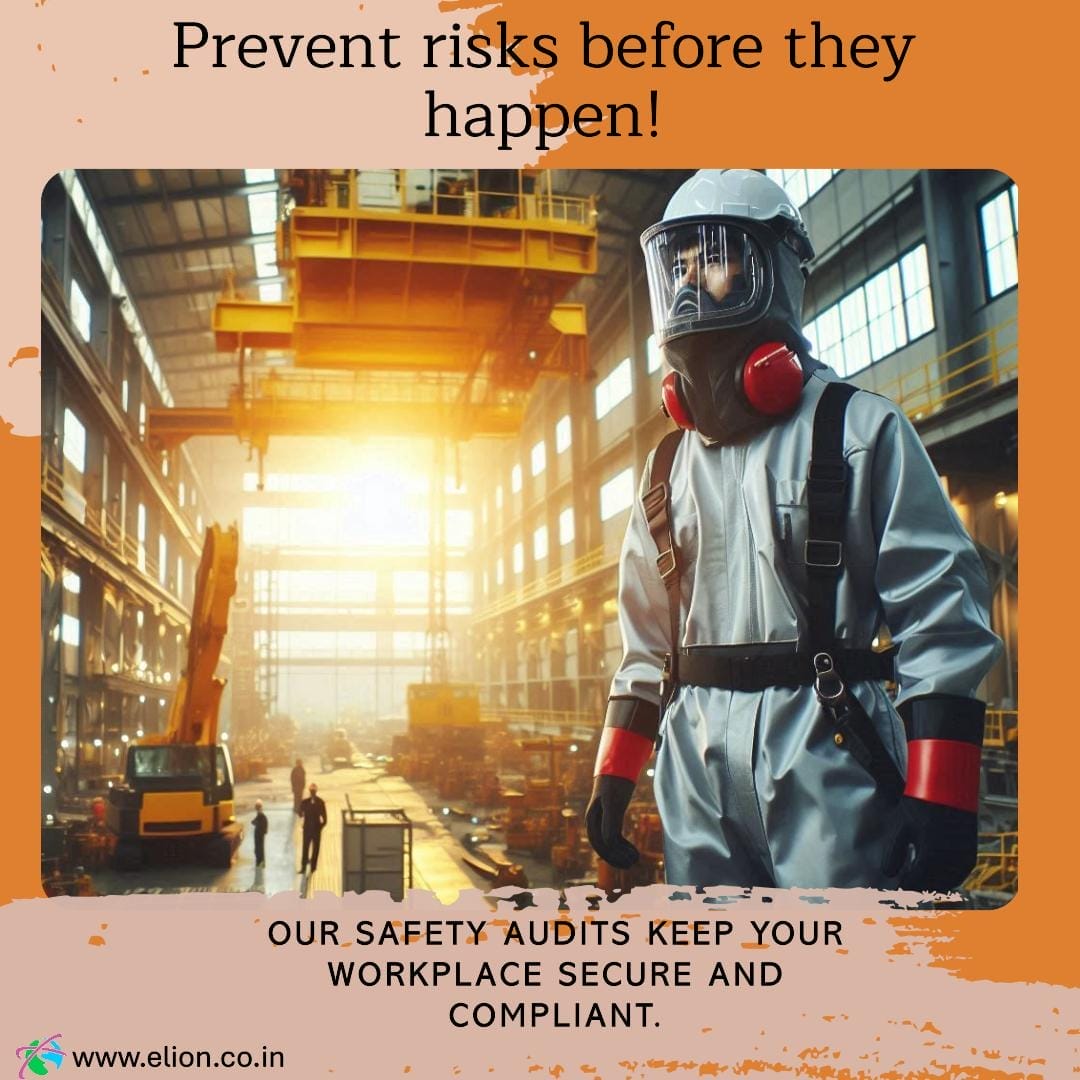 A person in protective gear stands in a large industrial warehouse with cranes and machinery. Text reads: Prevent risks before they happen! Our safety audits and risk assessments keep your workplace secure and compliant.