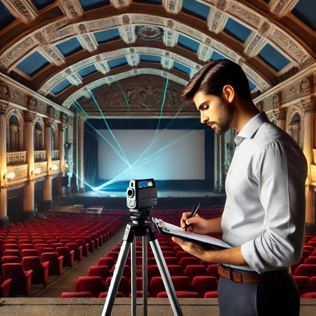 A man stands with a clipboard beside a video camera on a tripod in an ornate, empty theater, preparing for a structural audit as beams of light cross the stage’s large screen.