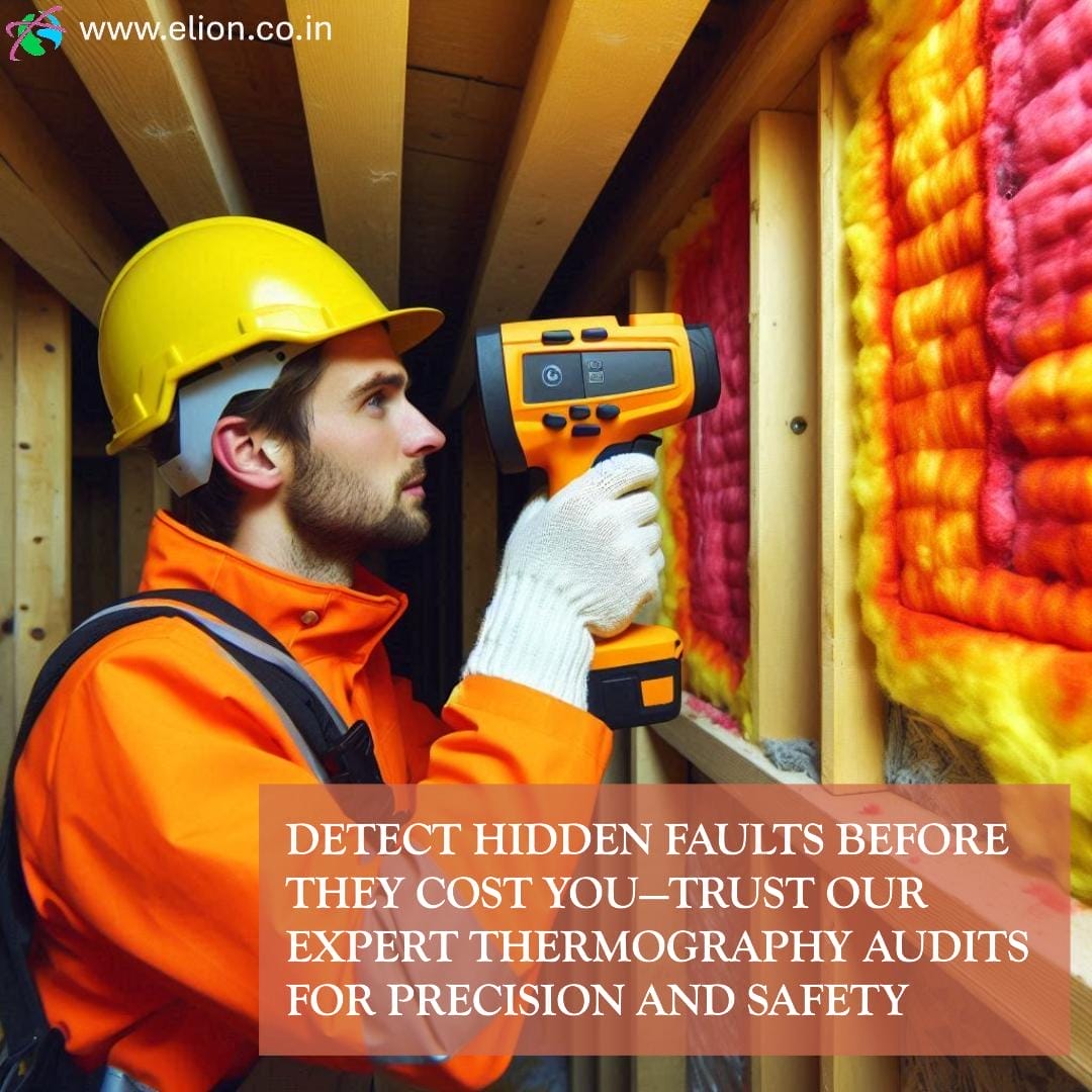 A construction worker in safety gear uses a handheld thermal imaging camera to inspect wall insulation. Overlaid text reads: Detect hidden faults before they cost you—trust our expert thermography inspection for precision and safety.