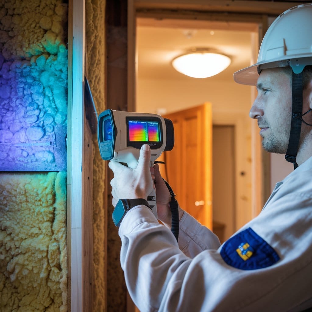 A man in safety gear uses a handheld thermal imaging camera to inspect wall insulation inside a building as part of an energy safety audit, with the device displaying a colorful heat map on its screen.
