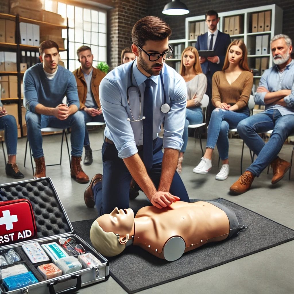 A man in a medical uniform demonstrates CPR on a dummy to a seated group in a training room, showcasing essential First Aid Training and Life-Saving Skills, with a first aid kit visible in the foreground.