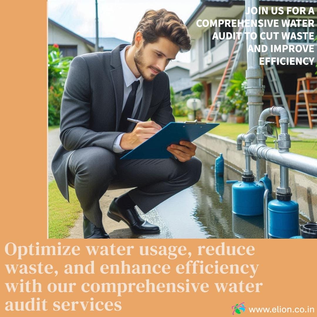 A businessman in a suit kneels outdoors by water pipes, taking notes on a clipboard. Text promotes comprehensive water audit services for optimizing usage, reducing waste, and improving efficiency through expert water management audits.