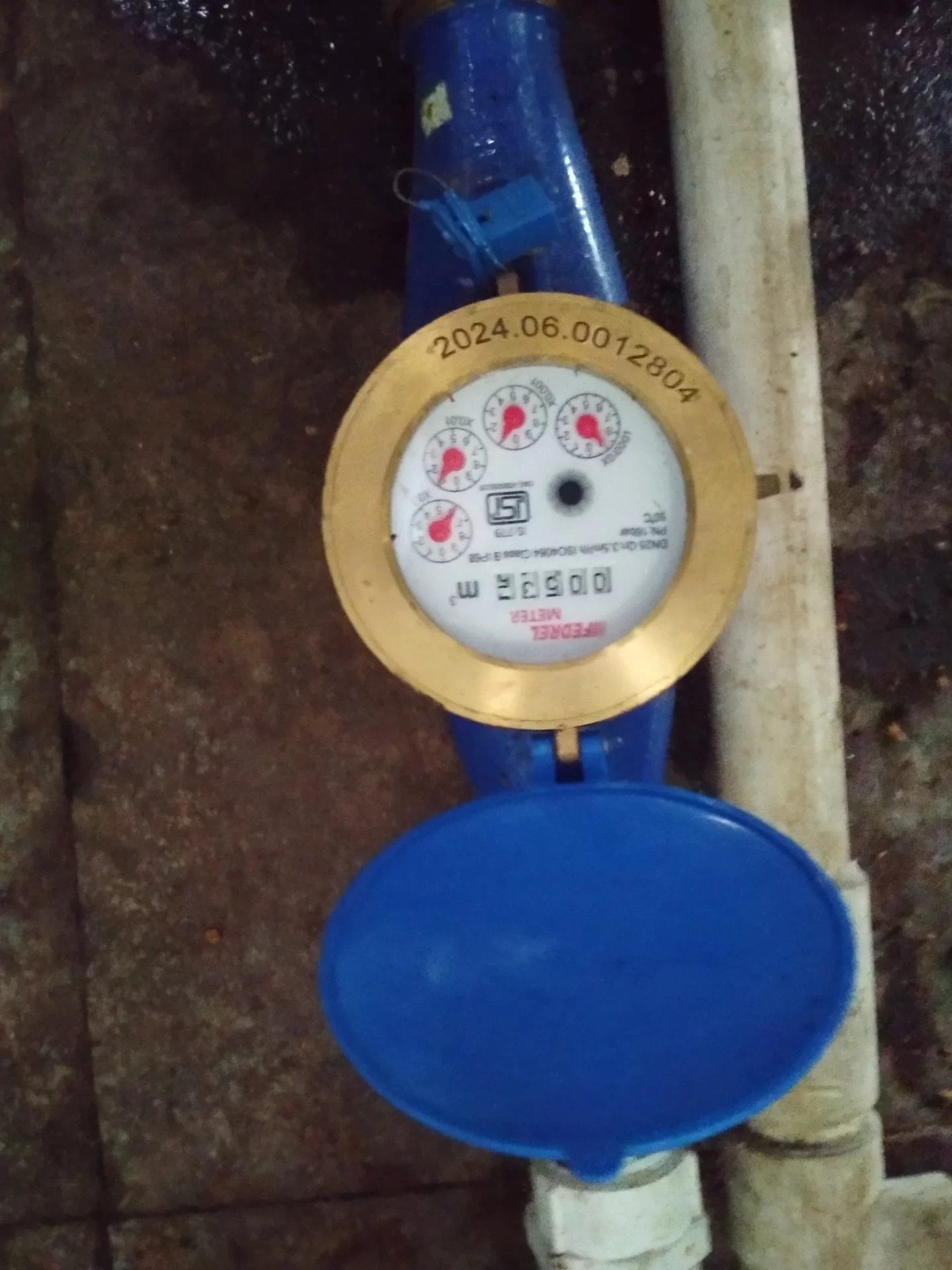 A close-up of a water meter with a blue cover, partially open, shows dials and numbers for industrial water usage measurement—ideal for Gujarat water management or an edible oil refinery audit. Serial number 2024.06.0012804 is visible on the rim.