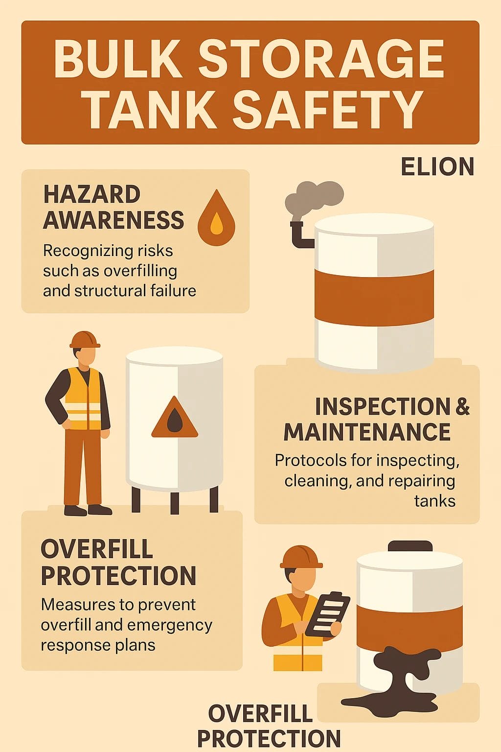 An infographic titled Bulk Storage Tank Safety by Elion highlights hazard awareness, inspection and maintenance, overfill protection, and emergency response with illustrations of workers, tanks, checklists, and oil spills.