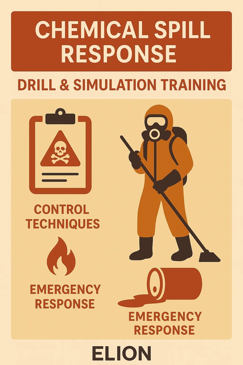 Poster for chemical spill training shows a person in protective gear holding a tool, icons for control techniques, emergency response with a flame, and a spilled chemical drum. Text highlights Elion spill safety and emergency response simulation training.