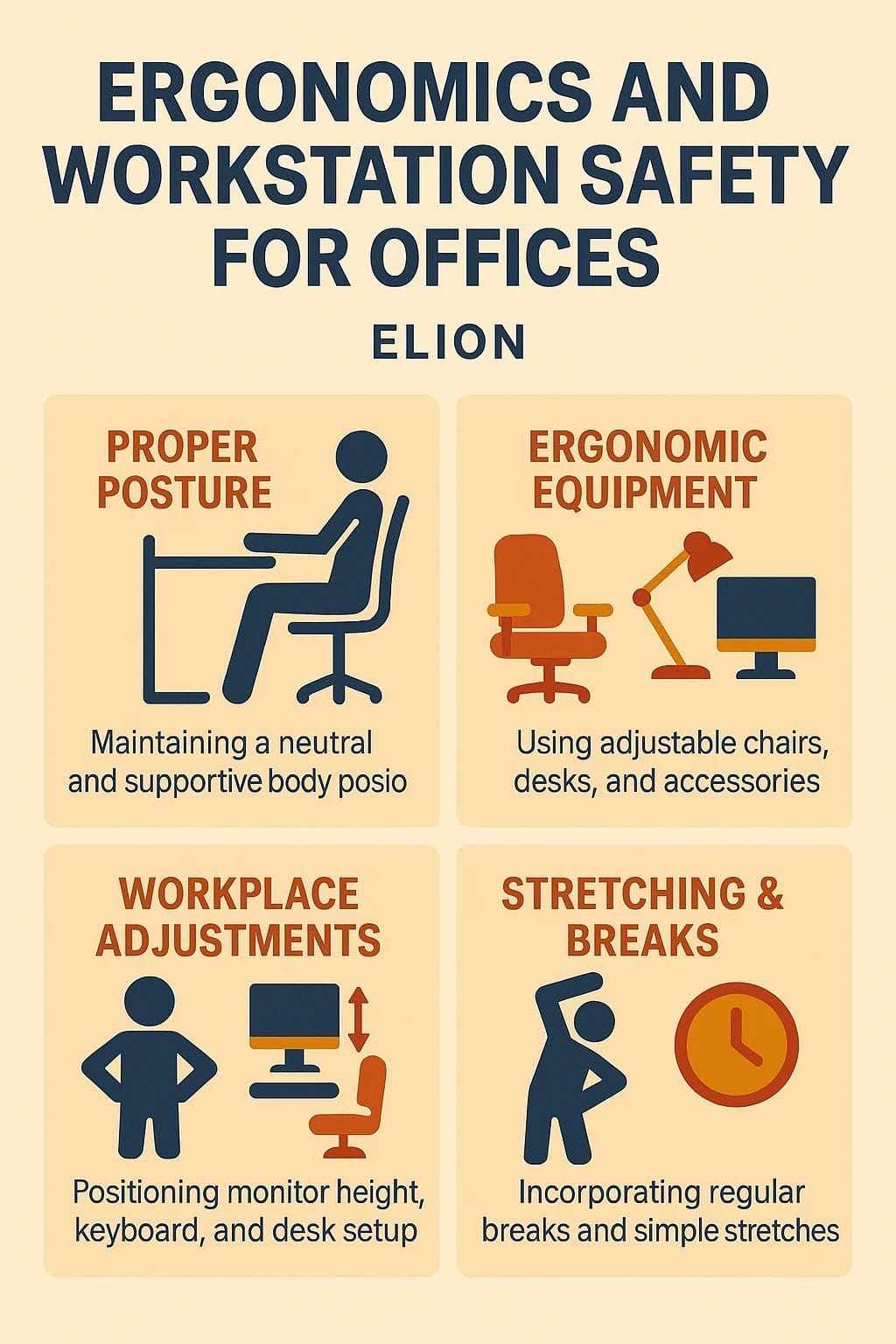 An infographic titled Ergonomics and Workstation Safety for Offices features office ergonomics tips on proper posture at work, ergonomic equipment, workplace adjustments, and stretching & breaks, each illustrated with simple icons.