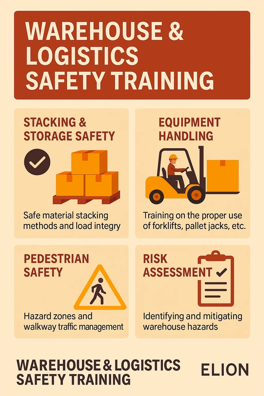 Infographic titled “Warehouse & Logistics Safety Training,” covering stacking and storage safety, equipment handling, pedestrian safety, and risk assessment—with icons and brief tips—ideal for contractor safety training and Elion training programs.