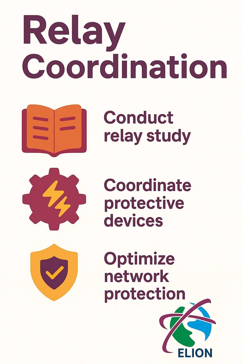 Infographic titled Relay Coordination with icons for a book (conduct relay study), a gear with lightning (Relay coordinate protective devices), and a shield (optimize network protection).