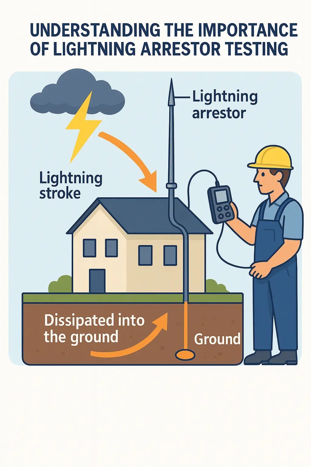 Illustration showing the importance of lightning arrestor testing, with a house, lightning strike, arrestor, and technician testing the system as energy is safely dissipated into the ground.