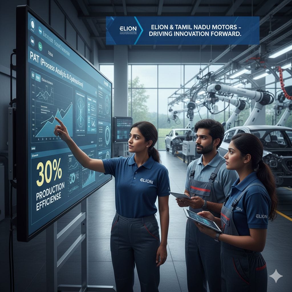 Three engineers in a modern auto factory review data on a large digital screen showing a 30% increase in production efficiency, with car assembly robots working in the background and a banner highlighting innovation.
