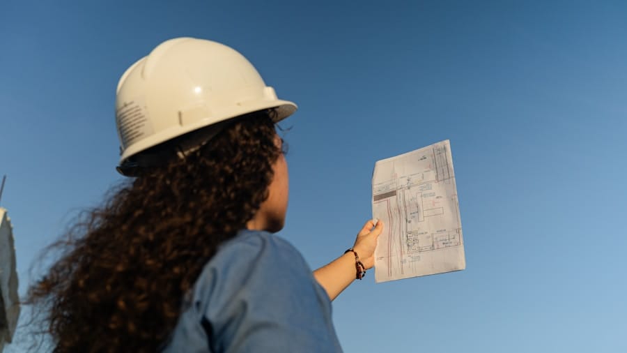 A person wearing a white construction helmet and blue shirt holds up and examines a blueprint or technical drawing outdoors against a clear blue sky.