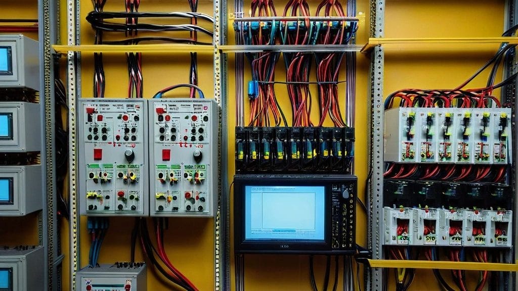 Electrical control panel with multiple switches, wires, circuit breakers, and a digital display screen, all mounted on a yellow background inside a metal enclosure.