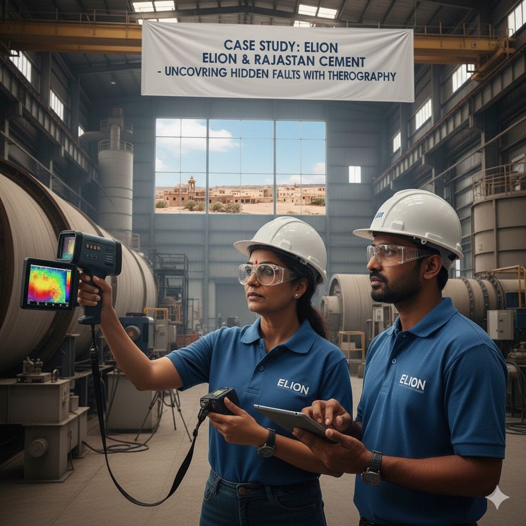 Two engineers in safety gear use thermography equipment inside a large industrial facility. A banner above reads “Case Study: Elion—Elion & Rajasthan Cement: Uncovering Hidden Faults with Thermography.”.