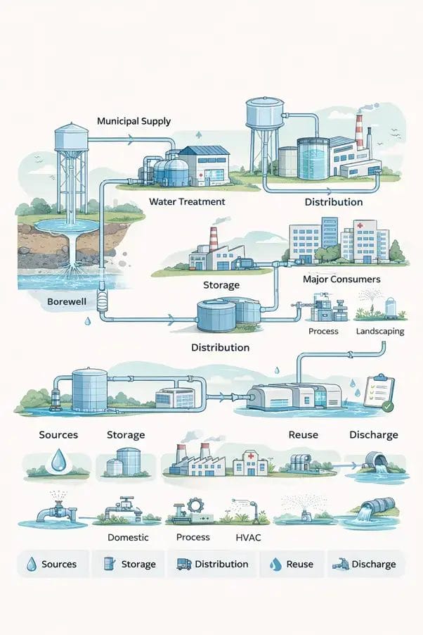 Water audit process flow showing water balance, metering, loss analysis, and efficiency improvement steps as per IS 10430