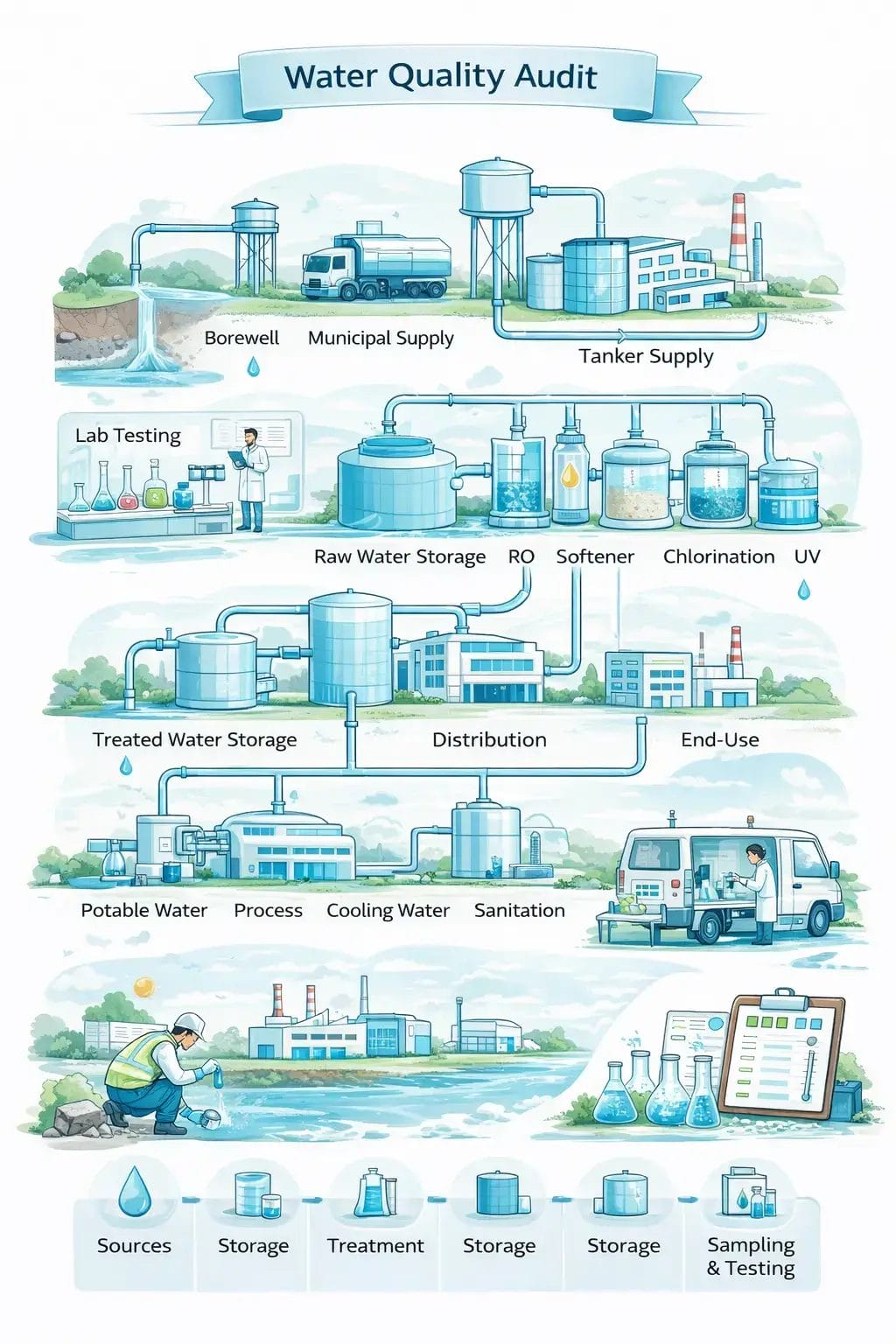 Water quality audit system diagram showing borewell, municipal and tanker water sources, treatment processes like RO, softener, chlorination and UV, treated water storage, distribution network, end uses including potable, process, cooling and sanitation, along with sampling, testing and compliance verification in an industrial or commercial facility.