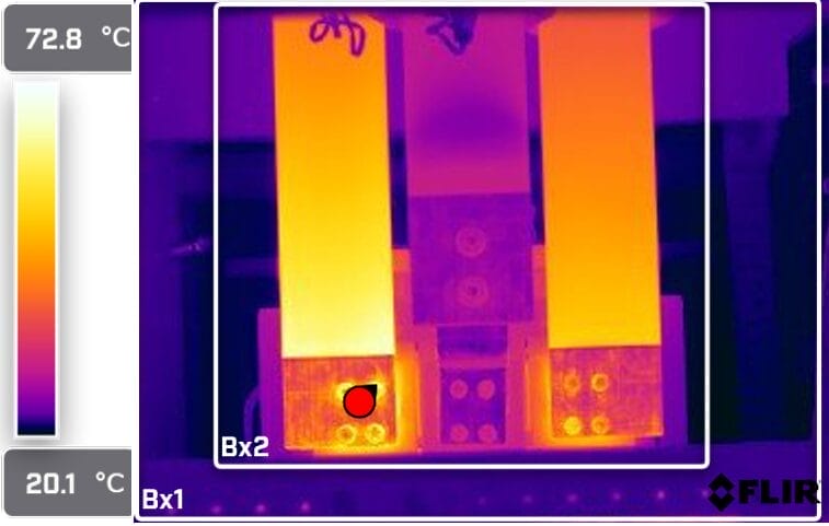 Thermal image showing hotspot in electrical panel connection